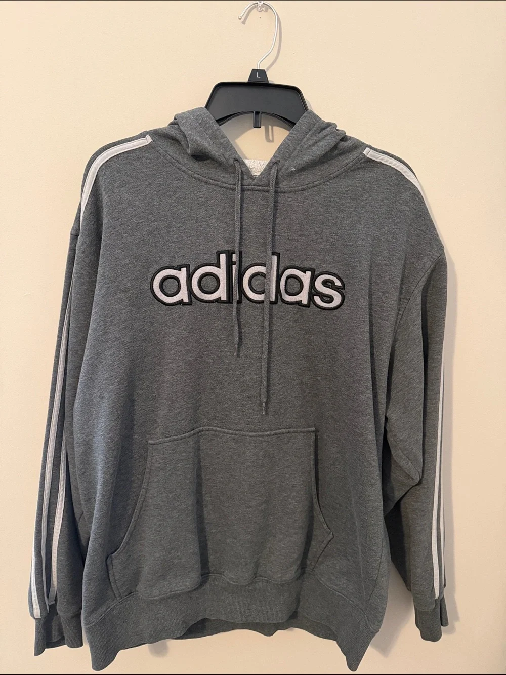 adidas Gray Pullover Hoodie with White Stripe Accents